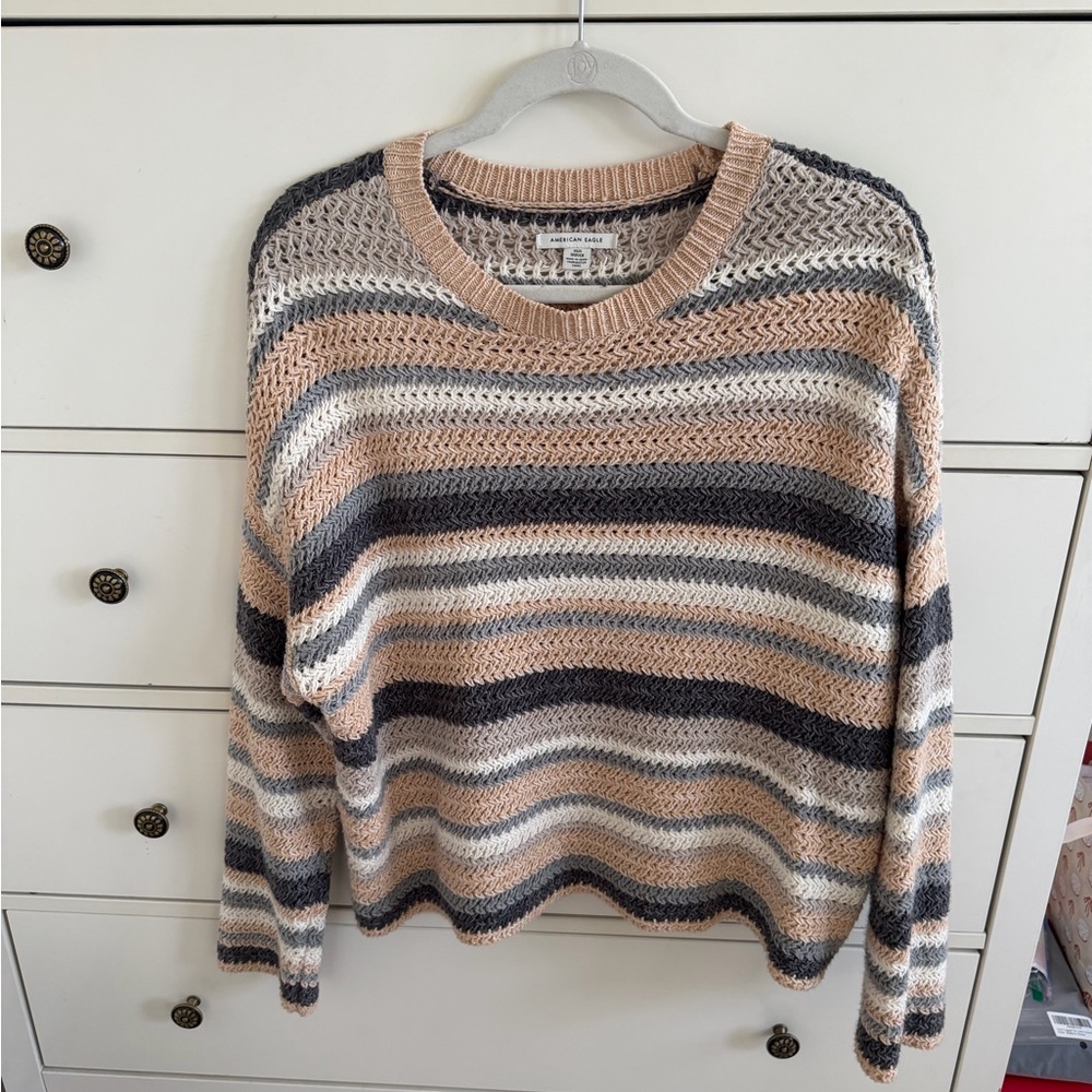 American Eagle Crochet Striped Crewneck Sweater